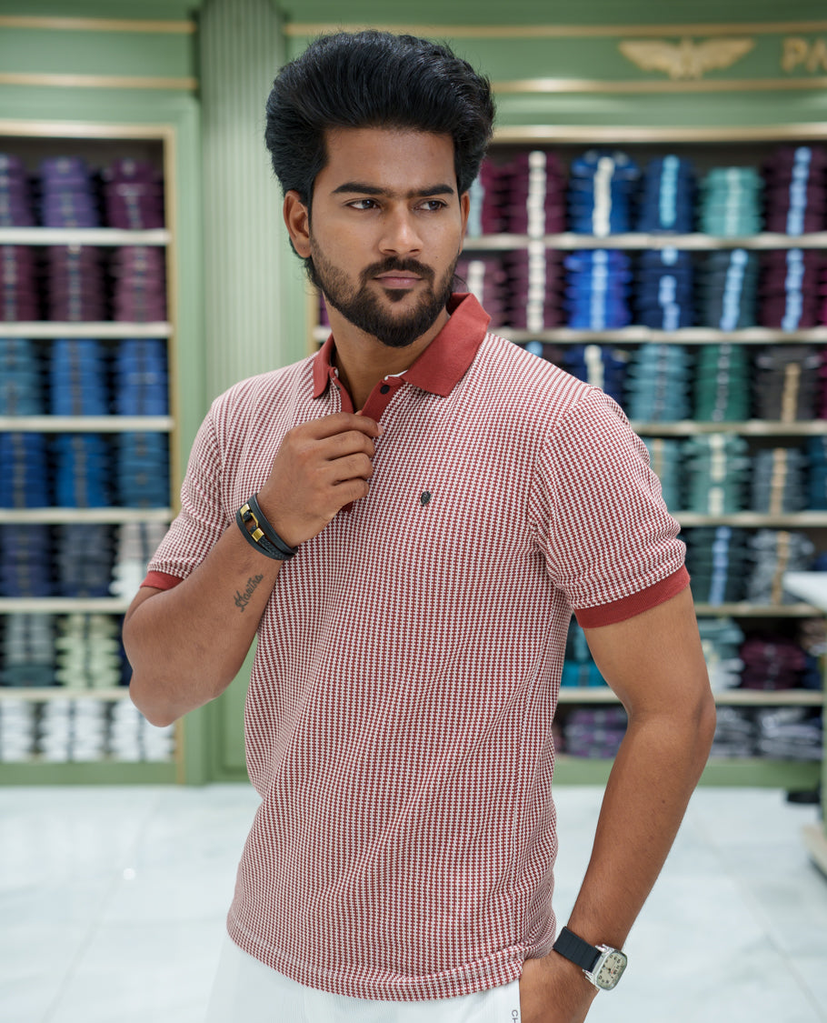 Red Striped Cotton-Blended T-Shirt Comes with Half-Sleeves, a Polo Collar, a Slim Fit, and Regular Length