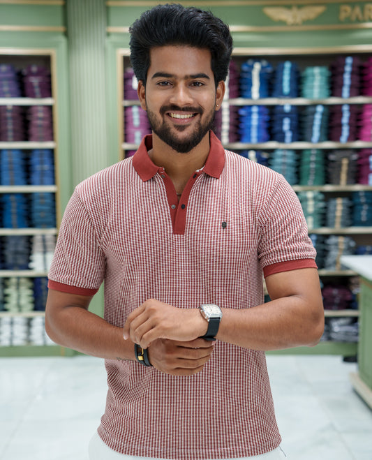 Red Striped Cotton-Blended T-Shirt Comes with Half-Sleeves, a Polo Collar, a Slim Fit, and Regular Length
