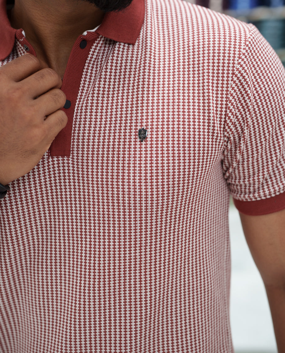 Red Striped Cotton-Blended T-Shirt Comes with Half-Sleeves, a Polo Collar, a Slim Fit, and Regular Length