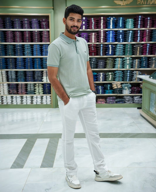 Light Green Striped Cotton-Blended T-Shirt Comes with Half-Sleeves, a Polo Collar, a Slim Fit, and Regular Length