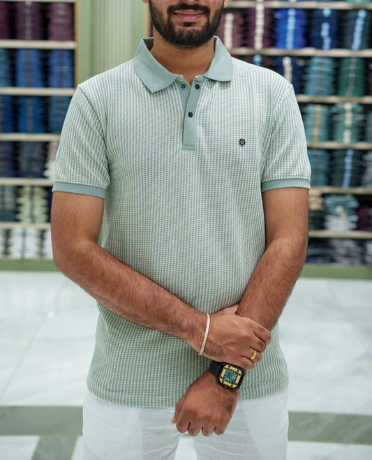 Light Green Striped Cotton-Blended T-Shirt Comes with Half-Sleeves, a Polo Collar, a Slim Fit, and Regular Length