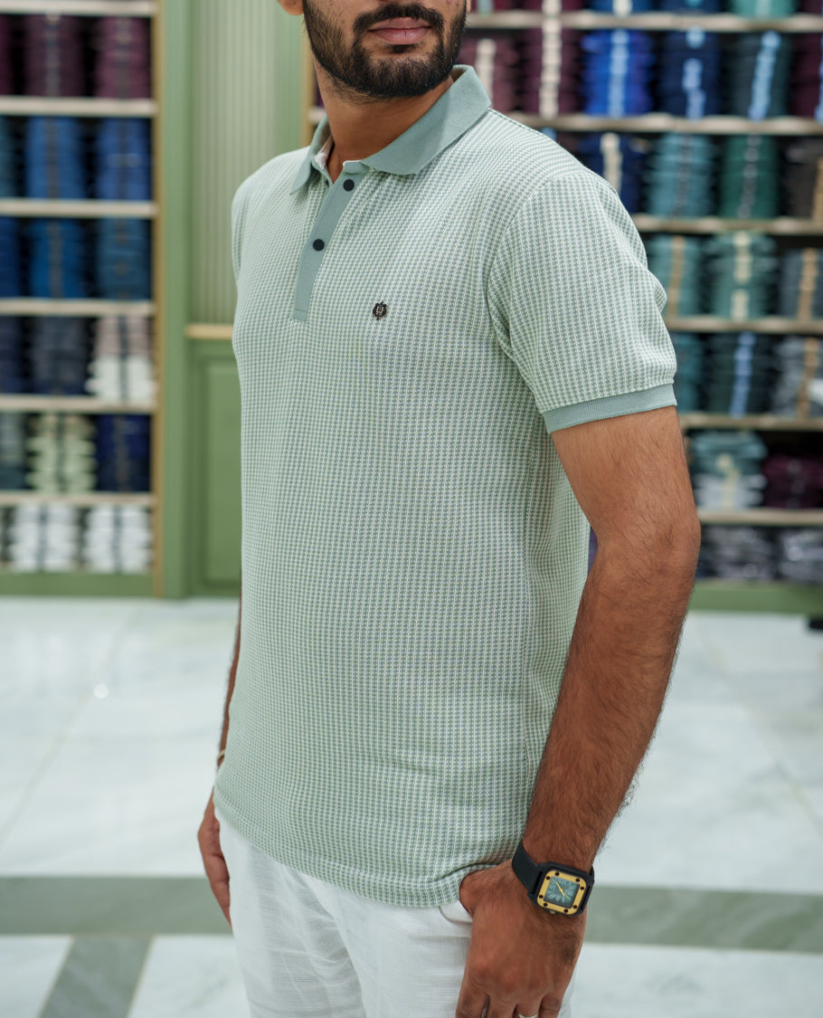 Light Green Striped Cotton-Blended T-Shirt Comes with Half-Sleeves, a Polo Collar, a Slim Fit, and Regular Length