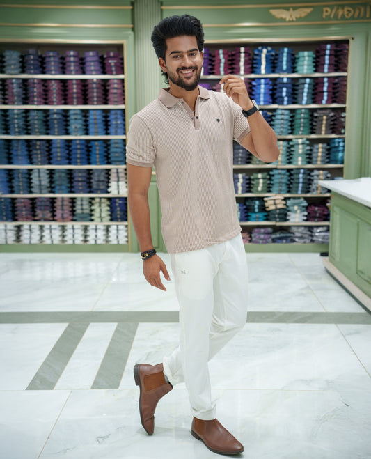 Cream Striped Cotton-Blended T-Shirt Comes with Half-Sleeves, a Polo Collar, a Slim Fit, and Regular Length