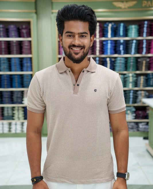 Cream Striped Cotton-Blended T-Shirt Comes with Half-Sleeves, a Polo Collar, a Slim Fit, and Regular Length