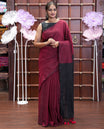 Borderless Red and Black Plain Khadi Mul Cotton Saree, Highlighted by Captivating Contrast Colored Pallu, and Paired with a Contrast Blouse