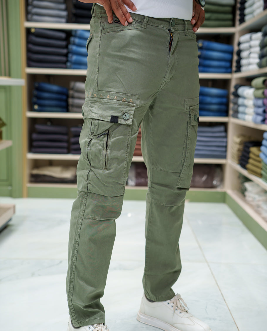 Light Green Plain Cotton Cargo Trousers Comes with Straight Fit and Regular Length