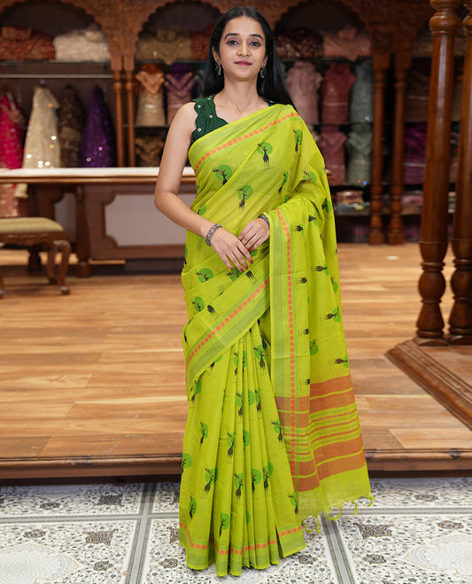 Parrot green deer motifs printed Mangalagiri cotton saree, traditional motifs thread border, striped pallu, and matching blouse