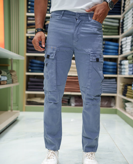 Grey Plain Cotton Cargo Trousers Comes with Straight Fit and Regular Length