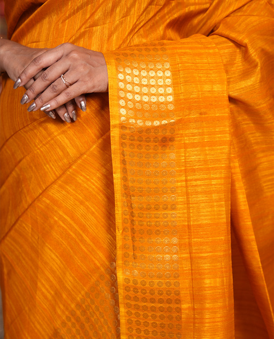 Mustard Fancy Tussar Saree, Polka Dotted Zari Border, Grand Pallu, a Floral Printed Blouse, Matching Blouse
