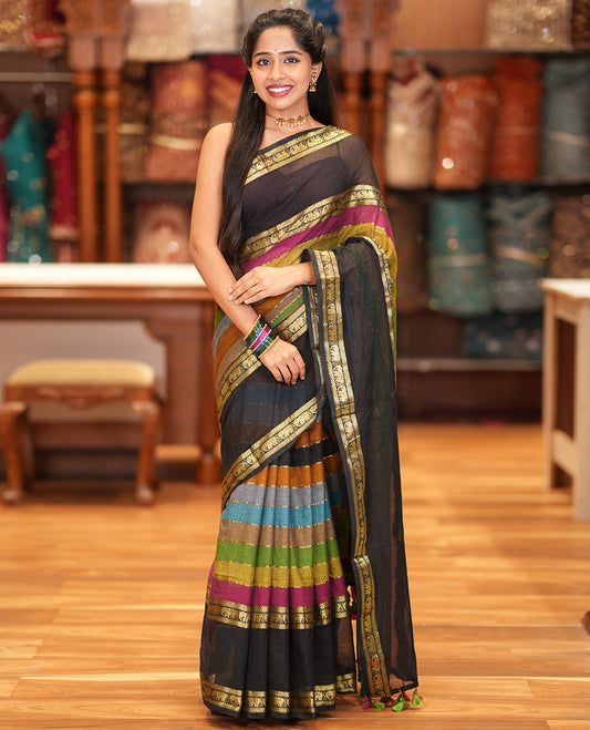 Black Khadi Mul Cotton Saree