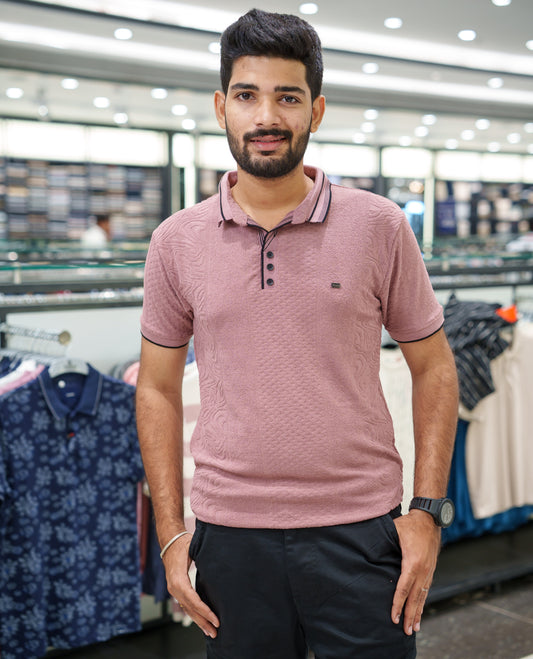 Pink Geometric-Textured Cotton-Blended T-Shirt Comes with Half-Sleeves, Polo Collar, a Slim Fit, and Regular Length