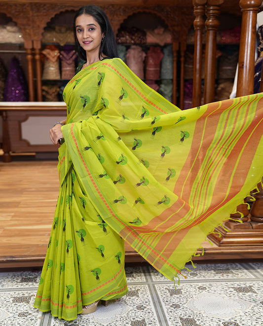 Parrot green deer motifs printed Mangalagiri cotton saree, traditional motifs thread border, striped pallu, and matching blouse