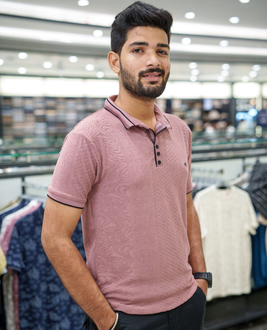 Pink Geometric-Textured Cotton-Blended T-Shirt Comes with Half-Sleeves, Polo Collar, a Slim Fit, and Regular Length