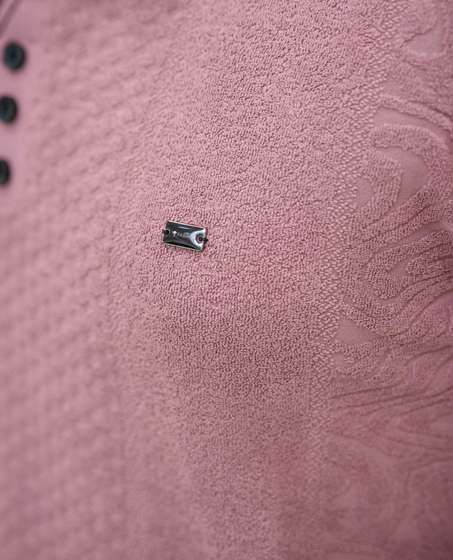 Pink Geometric-Textured Cotton-Blended T-Shirt Comes with Half-Sleeves, Polo Collar, a Slim Fit, and Regular Length