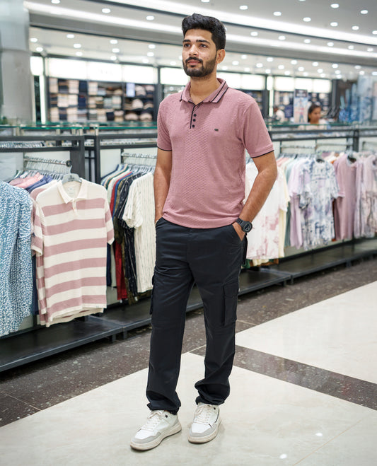 Pink Geometric-Textured Cotton-Blended T-Shirt Comes with Half-Sleeves, Polo Collar, a Slim Fit, and Regular Length