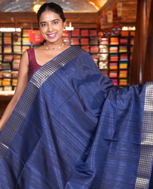 Navy Blue Fancy Tussar Saree, Polka Dotted Zari Border, Grand Pallu, a Floral Printed Blouse, Matching Blouse