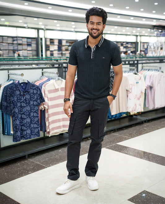 Black Strip-Textured Cotton-Blended T-Shirt Comes with Half-Sleeves, Polo Collar, a Slim Fit, and Regular Length