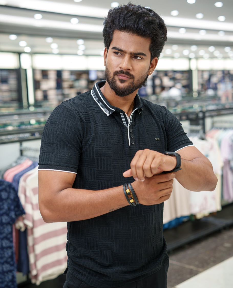 Black Strip-Textured Cotton-Blended T-Shirt Comes with Half-Sleeves, Polo Collar, a Slim Fit, and Regular Length
