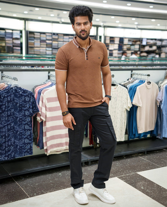 Brown Diamond-Textured Cotton-Blended T-Shirt Comes with Half-Sleeves, Polo Collar, a Slim Fit, and Regular Length