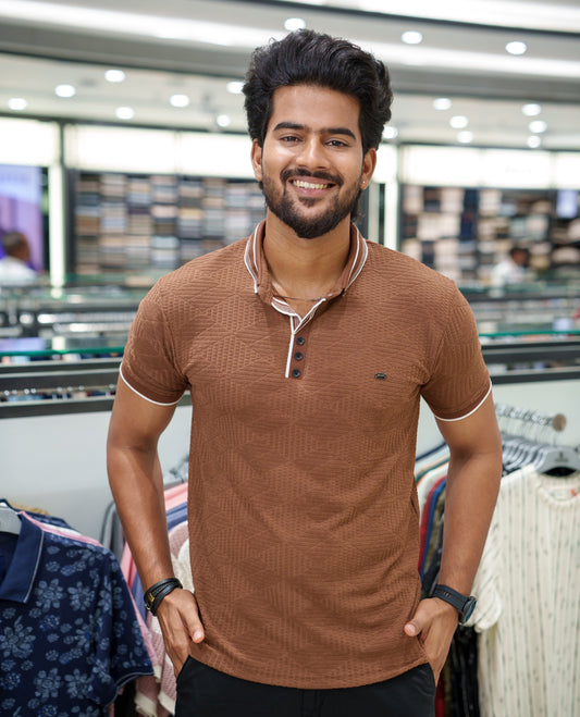 Brown Diamond-Textured Cotton-Blended T-Shirt Comes with Half-Sleeves, Polo Collar, a Slim Fit, and Regular Length