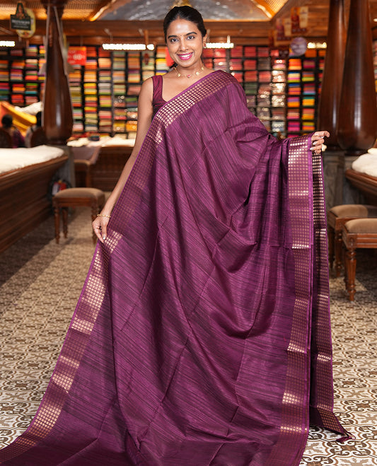 Purple Fancy Tussar Saree, Polka Dotted Zari Border, Grand Pallu, a Floral Printed Blouse, Matching Blouse