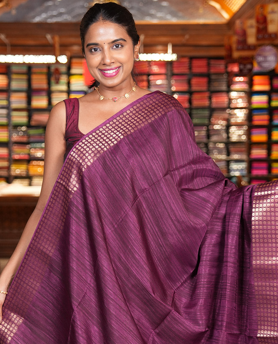Purple Fancy Tussar Saree, Polka Dotted Zari Border, Grand Pallu, a Floral Printed Blouse, Matching Blouse