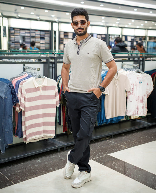 Light Grey Geometric-Textured Cotton-Blended T-Shirt Comes with Half-Sleeves, Polo Collar, a Slim Fit, and Regular Length