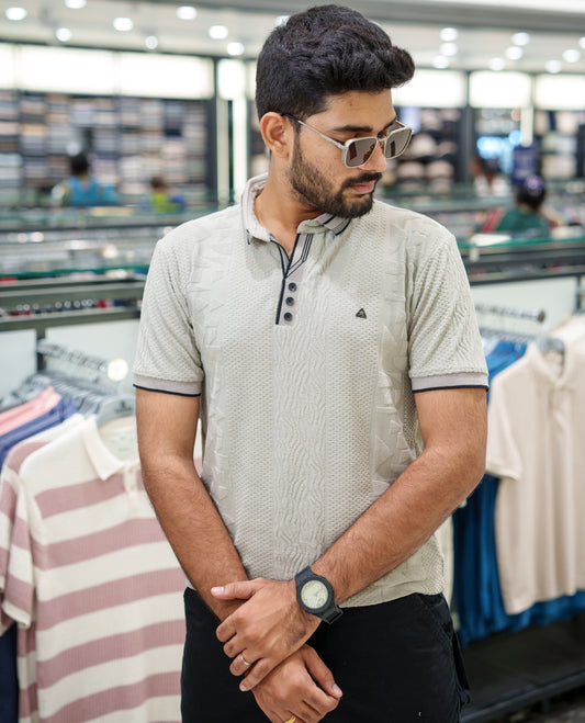 Light Grey Geometric-Textured Cotton-Blended T-Shirt Comes with Half-Sleeves, Polo Collar, a Slim Fit, and Regular Length