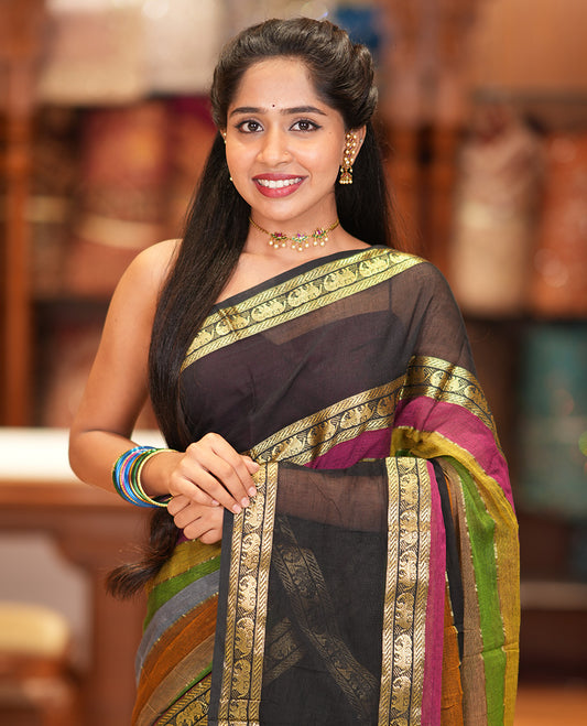 Black Khadi Mul Cotton Saree