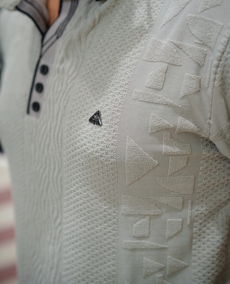 Light Grey Geometric-Textured Cotton-Blended T-Shirt Comes with Half-Sleeves, Polo Collar, a Slim Fit, and Regular Length