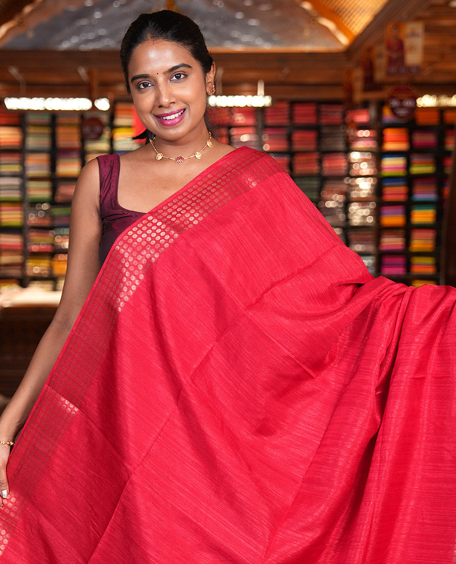 Red Fancy Tussar Saree, Polka Dotted Border,  a Floral Printed Blouse, Matching Blouse