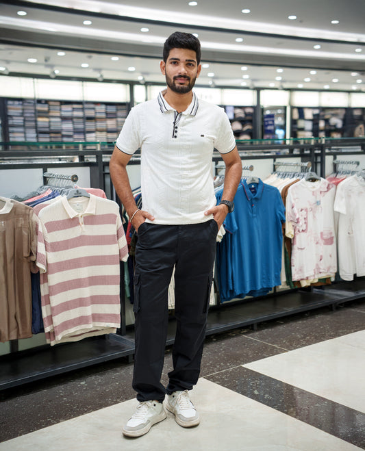 White Geometric-Textured Cotton-Blended T-Shirt Comes with Half-Sleeves, Polo Collar, a Slim Fit, and Regular Length