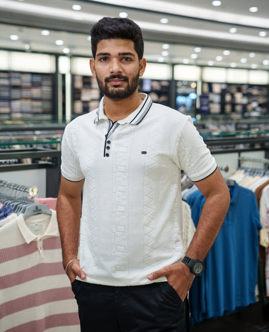 White Geometric-Textured Cotton-Blended T-Shirt Comes with Half-Sleeves, Polo Collar, a Slim Fit, and Regular Length
