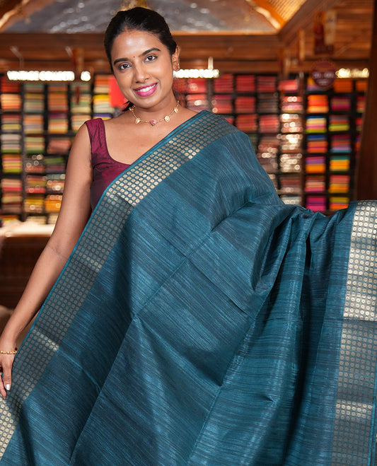 Rama Fancy Tussar Saree, Polka Dotted Border, a Floral Printed Blouse, Matching Blouse