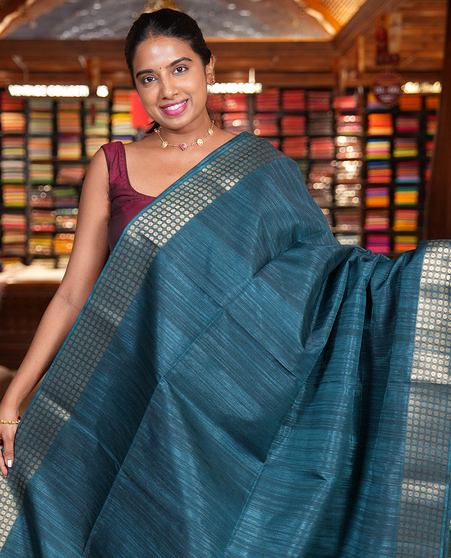 Rama Fancy Tussar Saree, Polka Dotted Border, a Floral Printed Blouse, Matching Blouse