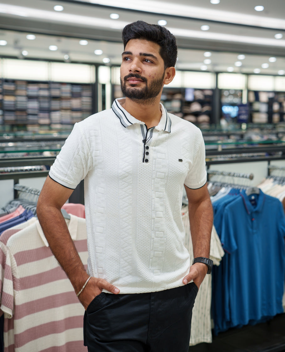 White Geometric-Textured Cotton-Blended T-Shirt Comes with Half-Sleeves, Polo Collar, a Slim Fit, and Regular Length