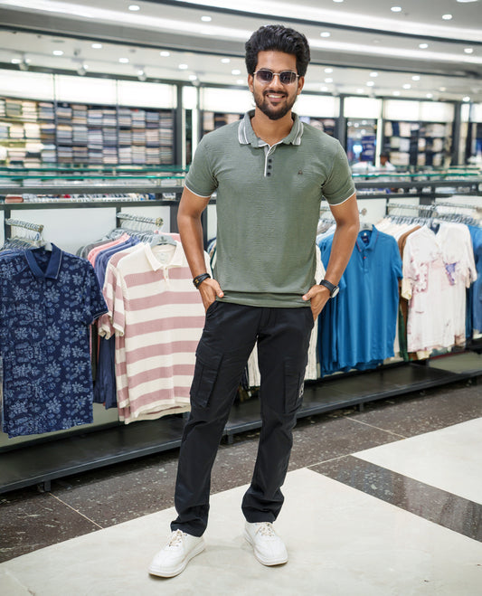 Dark Grey Geometric-Textured Cotton-Blended T-Shirt Comes with Half-Sleeves, Polo Collar, a Slim Fit, and Regular Length