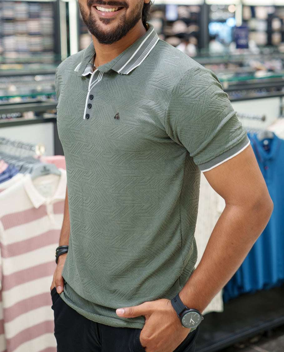 Dark Grey Geometric-Textured Cotton-Blended T-Shirt Comes with Half-Sleeves, Polo Collar, a Slim Fit, and Regular Length