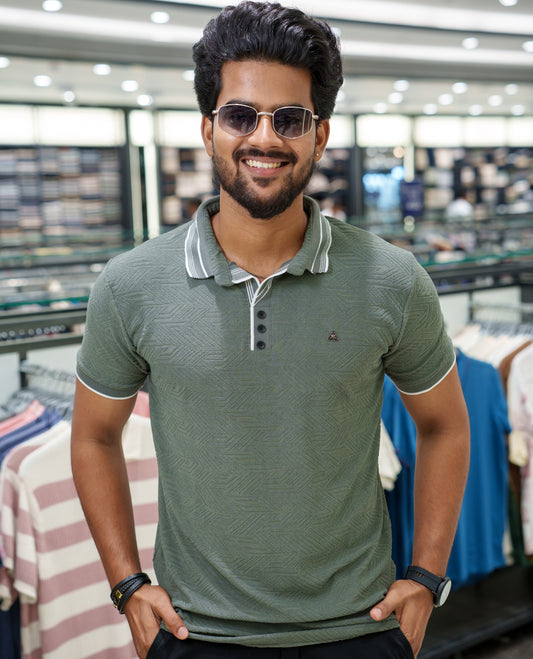 Dark Grey Geometric-Textured Cotton-Blended T-Shirt Comes with Half-Sleeves, Polo Collar, a Slim Fit, and Regular Length