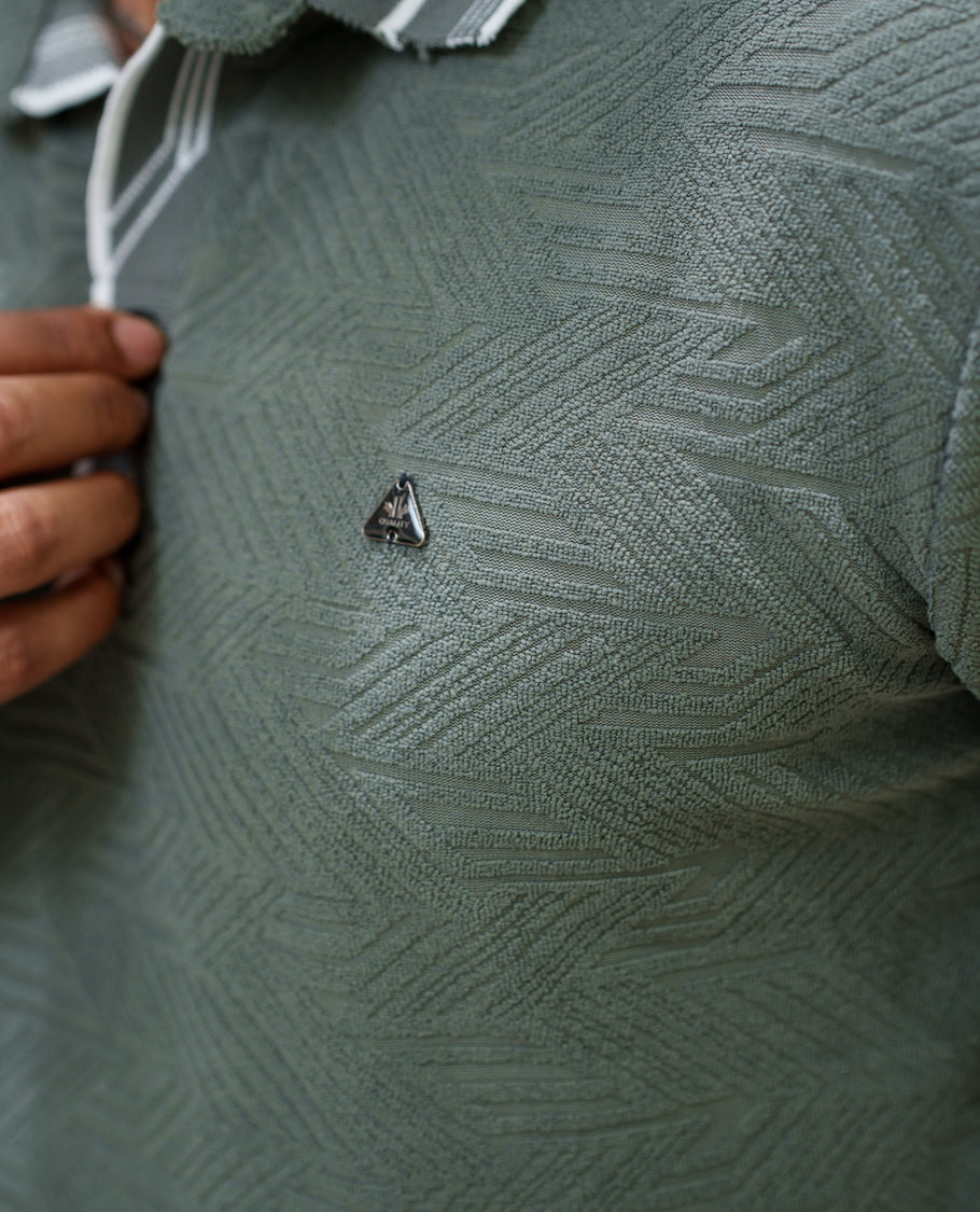 Dark Grey Geometric-Textured Cotton-Blended T-Shirt Comes with Half-Sleeves, Polo Collar, a Slim Fit, and Regular Length