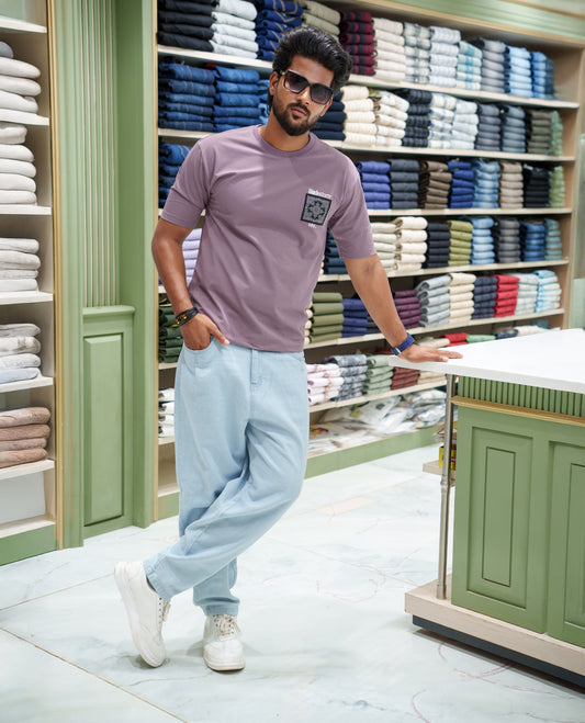 Purple Cotton-Blended T-shirt, Comes with a Unique Back Print, Half-sleeves, Crew Neck, Oversized Fit, and Regular Length 