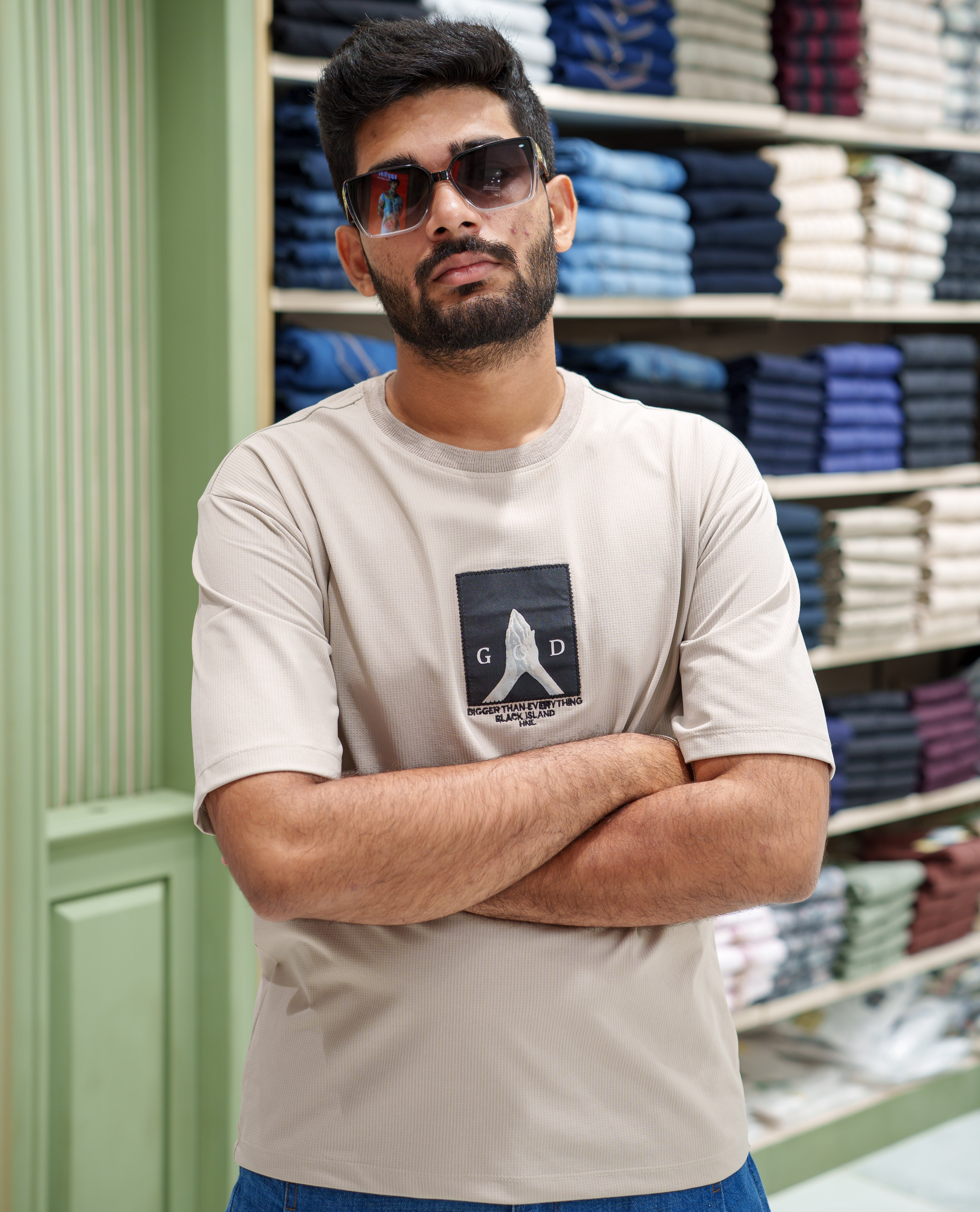 Cream Cotton-Blended T-shirt, Features Unique Back Print, Half-sleeves, Crew Neck, Oversized Fit, and Regular Length 