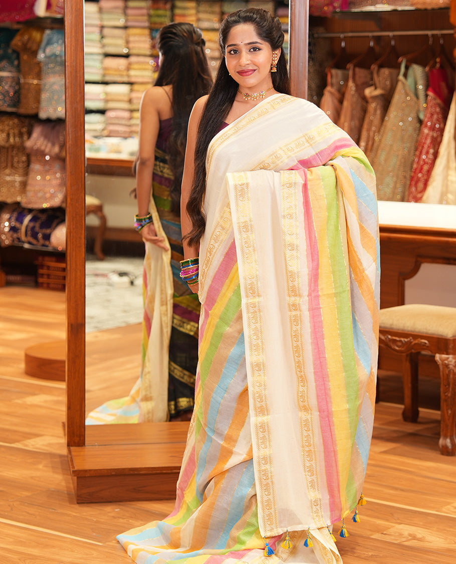 Cream Khadi Mul Cotton Saree