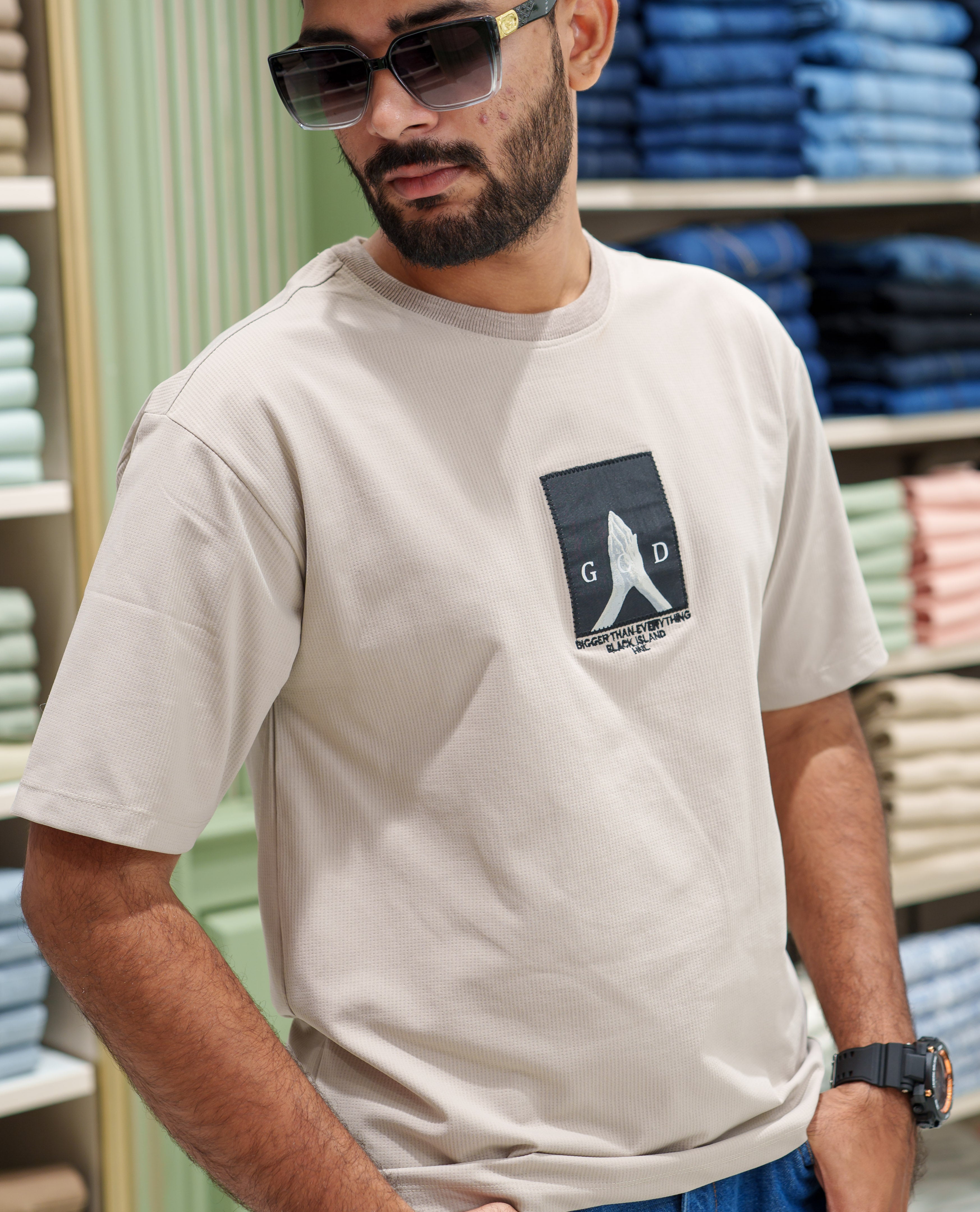 Cream Cotton-Blended T-shirt, Features Unique Back Print, Half-sleeves, Crew Neck, Oversized Fit, and Regular Length 