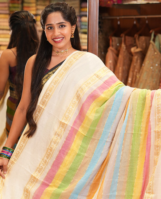 Cream Khadi Mul Cotton Saree