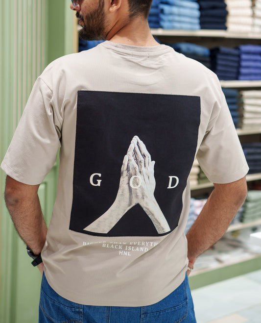 Cream Cotton-Blended T-shirt, Features Unique Back Print, Half-sleeves, Crew Neck, Oversized Fit, and Regular Length 