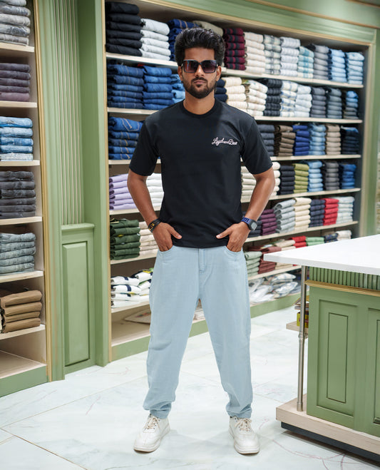 Black Cotton-Blended T-shirt, Comes with a Unique Back Print, Half-sleeves, Crew Neck, Oversized Fit, and Regular Length 