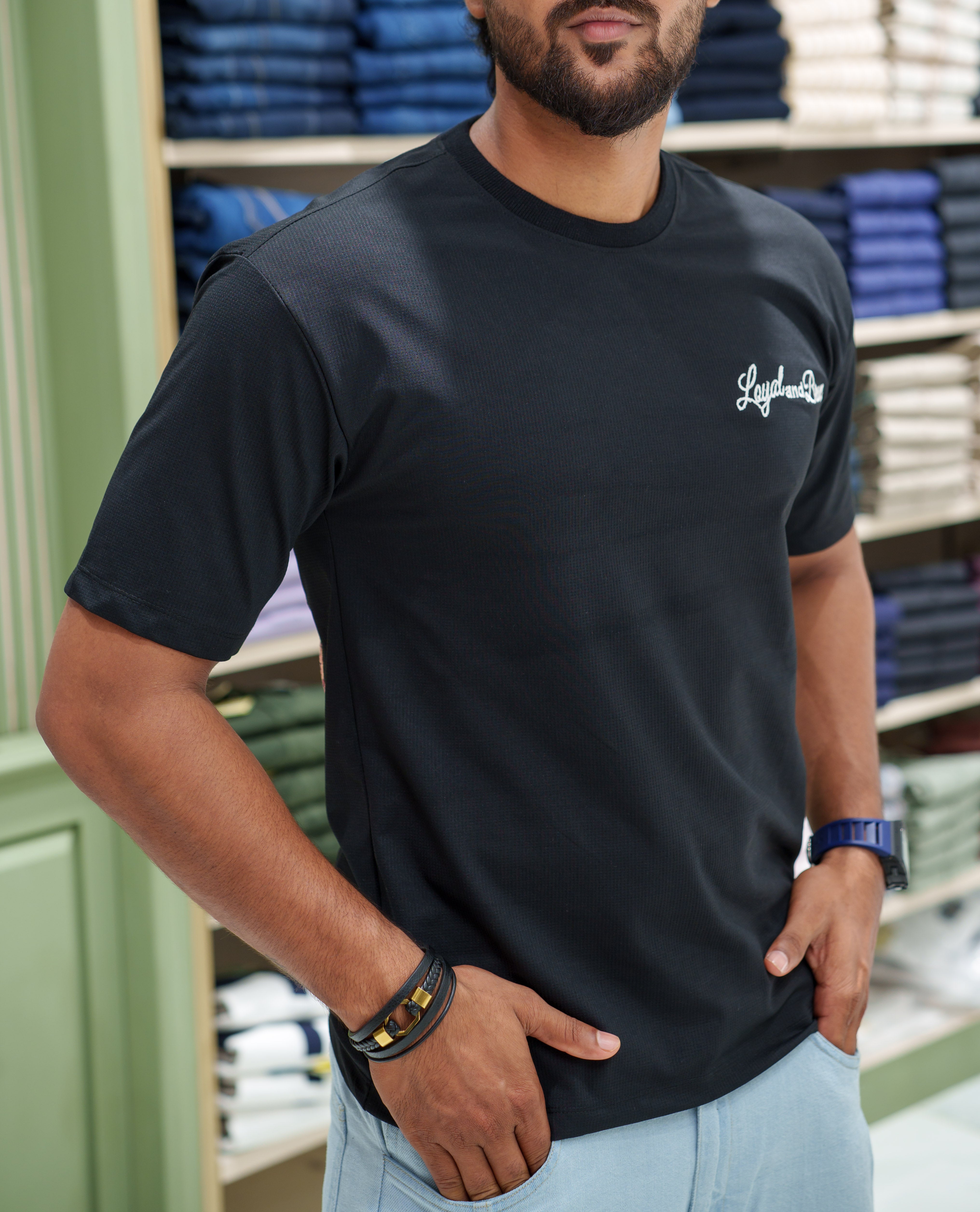 Black Cotton-Blended T-shirt, Comes with a Unique Back Print, Half-sleeves, Crew Neck, Oversized Fit, and Regular Length 