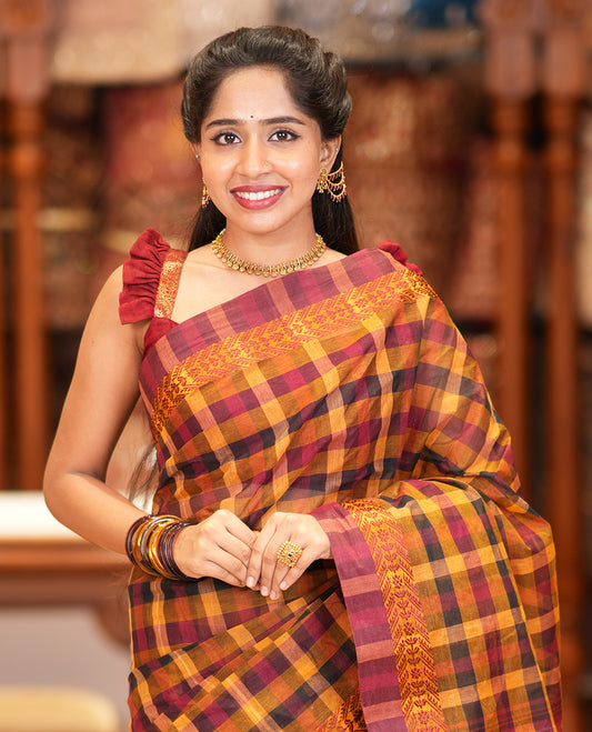 Maroon-Mustard Bengal Cotton Saree