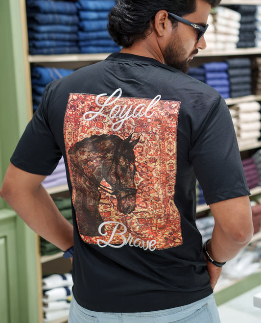 Black Cotton-Blended T-shirt, Comes with a Unique Back Print, Half-sleeves, Crew Neck, Oversized Fit, and Regular Length 